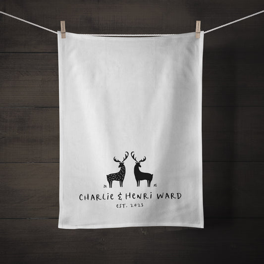 Personalised Stag Pair Tea Towel - 2nd Anniversary Cotton Gift
