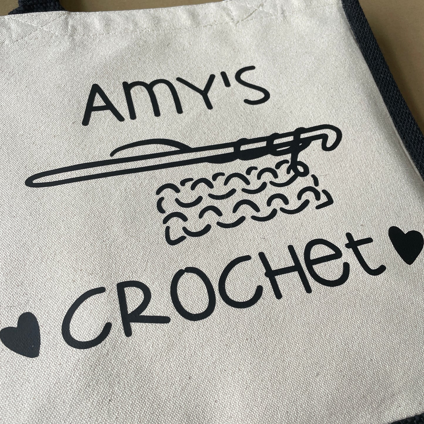 black and cream, canvas and jute personalised crochet storage bag