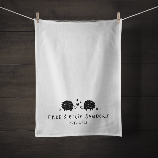 Personalised Hedgehogs Tea Towel - 2nd Anniversary Cotton Gift