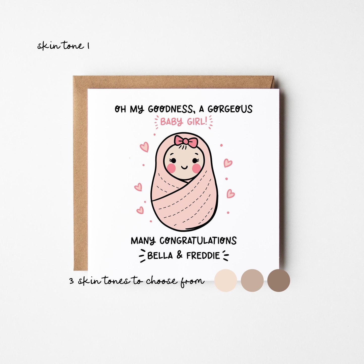 New Baby Girl Card 3 Skin Tones • Personalised New Baby Card • Congratulations New Baby Girl Card • Girl&#39;s Birth • Baby Reveal