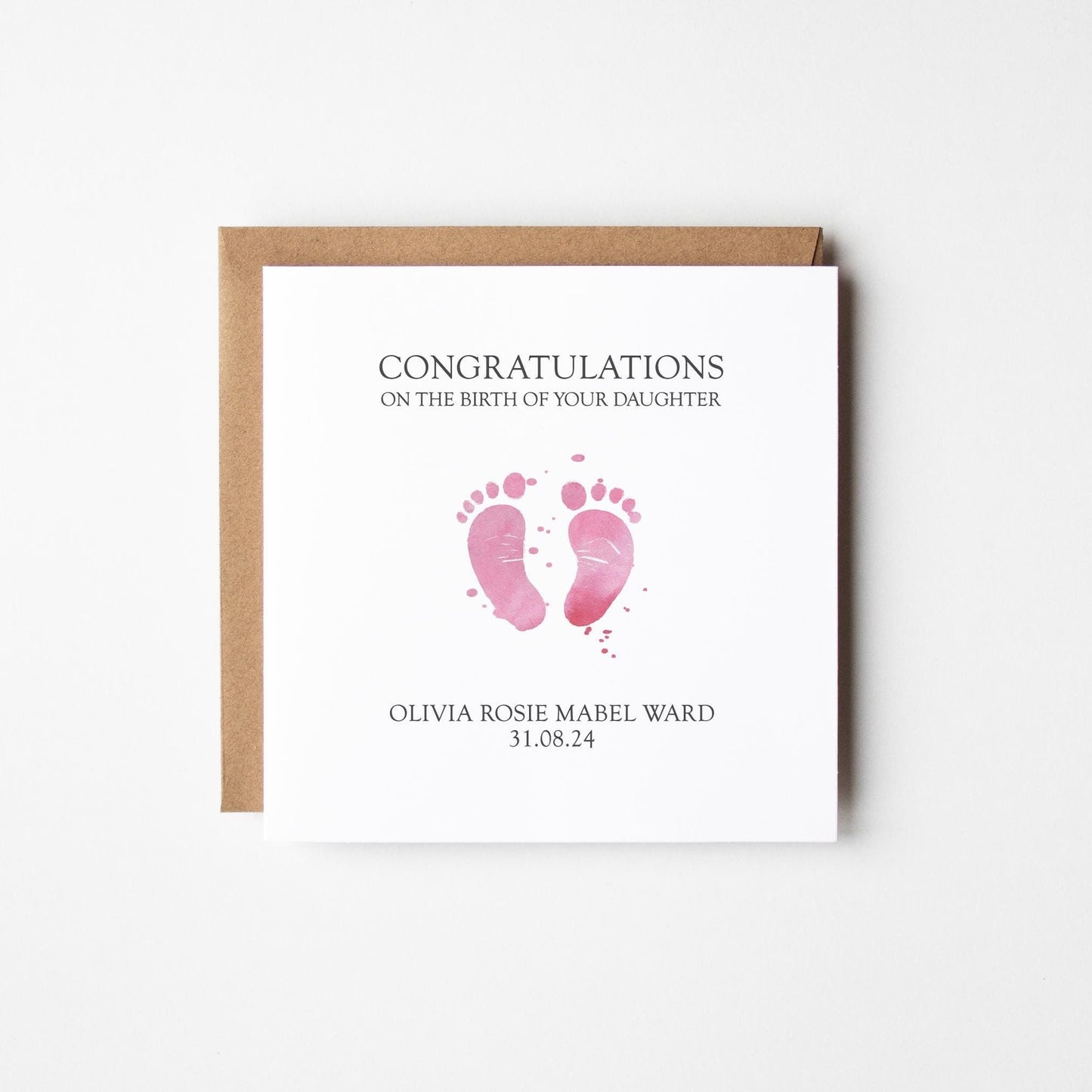 New Baby Girl Card • Personalised New Baby Card • Pink Baby Footprints Congratulations New Baby Girl Card • Girl&#39;s Birth • Pink Baby Card