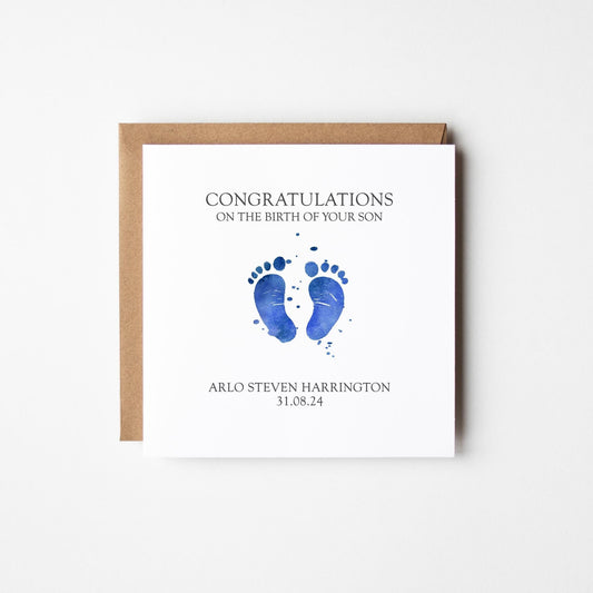 New Baby Boy Card • Personalised New Baby Card • Blue Baby Footprints Congratulations New Baby Boy Card • Boy&#39;s Birth