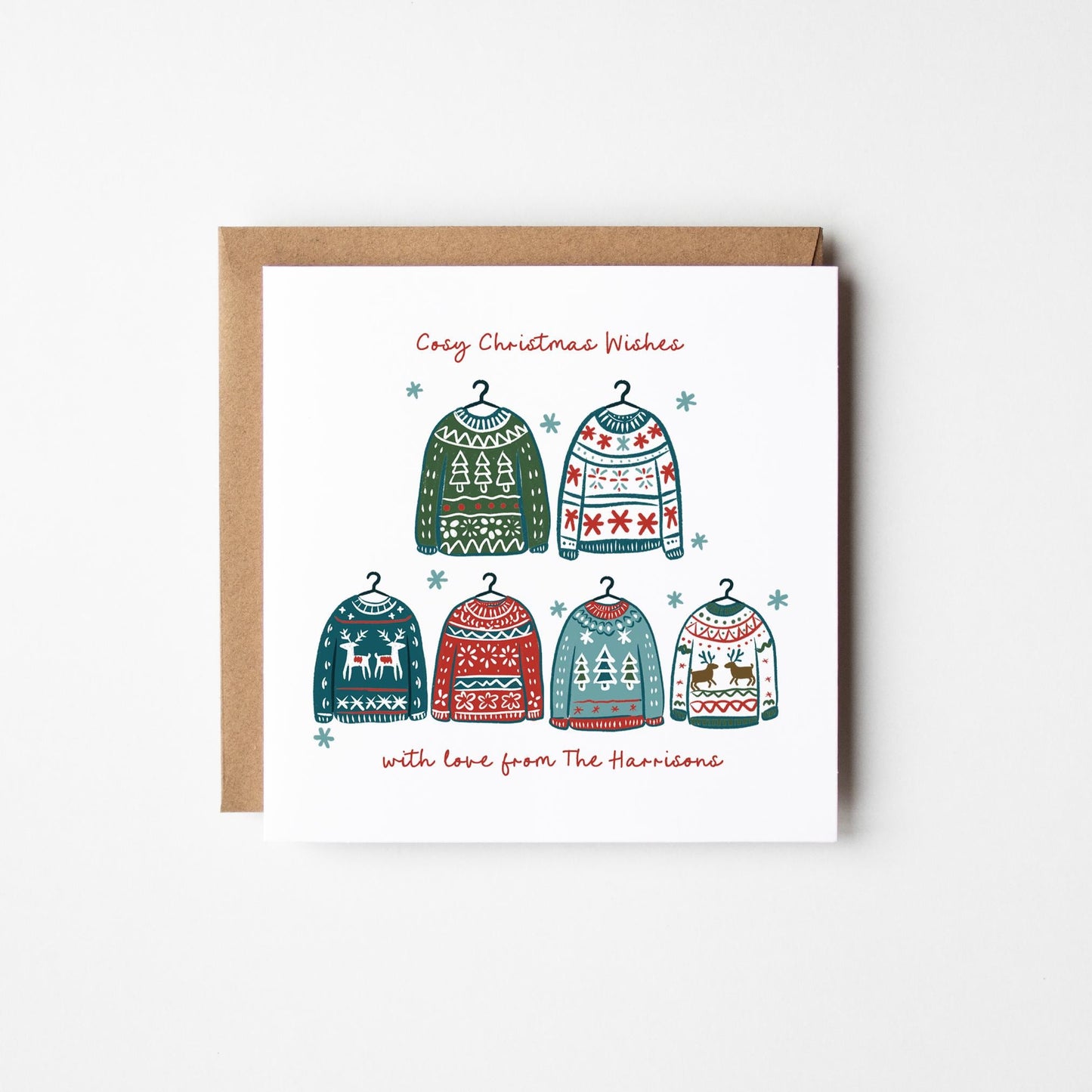 Pack of 10 Family Christmas Cards • Cosy Jumpers Christmas Card • Personalised Family of 6 Christmas Card with Sweaters • Bespoke Christmas Cards