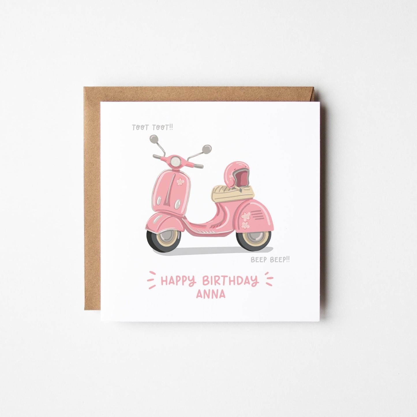 Scooter Birthday Card • Personalised Birthday Card with Pink Scooter • Personalised Birthday Card with Pink Vespa for Girls