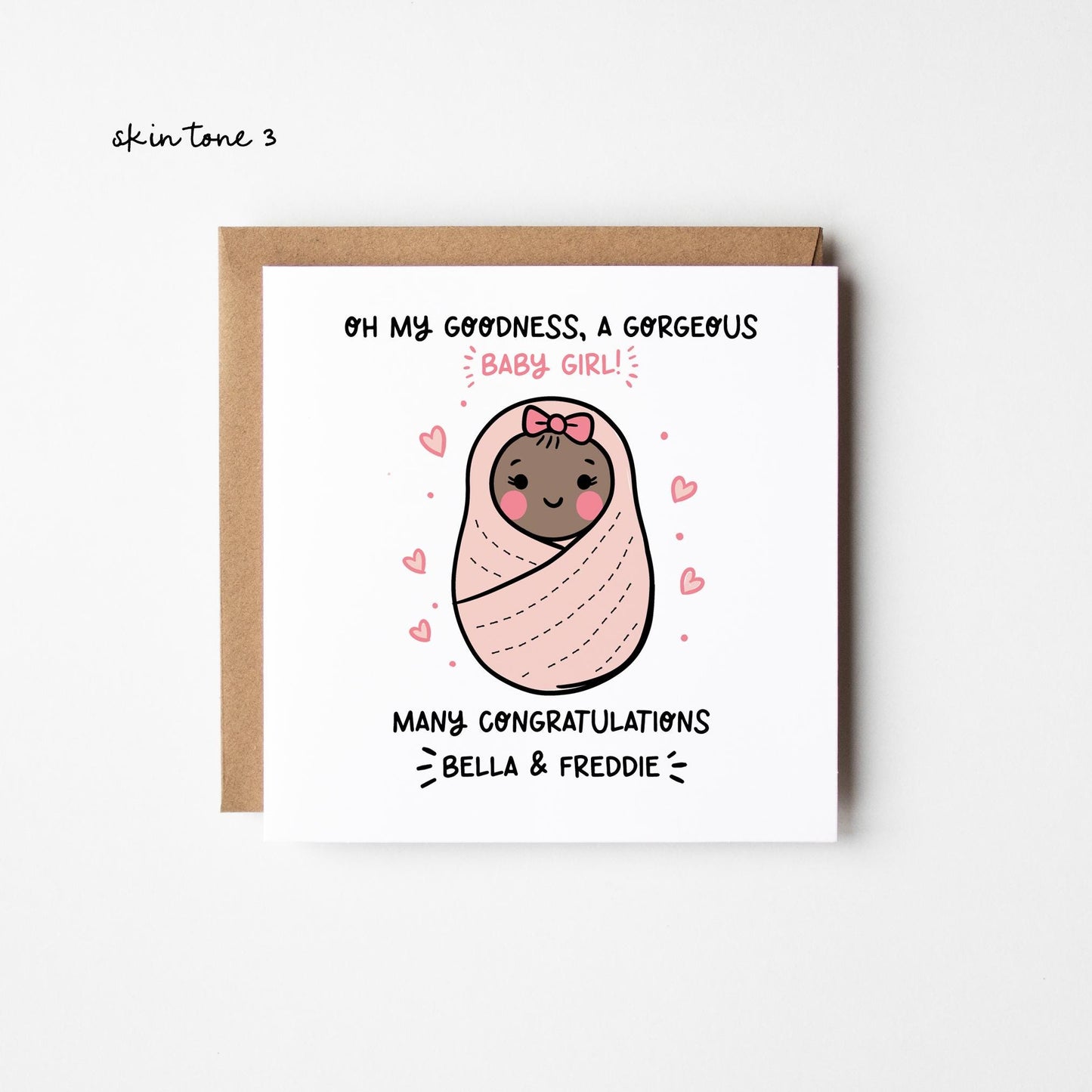 New Baby Girl Card 3 Skin Tones • Personalised New Baby Card • Congratulations New Baby Girl Card • Girl&#39;s Birth • Baby Reveal