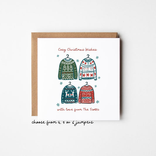 Pack of 10 Family Christmas Cards • Cosy Jumpers Christmas Card • Personalised Family of 4 Christmas Card with Sweaters • Bespoke Christmas Cards