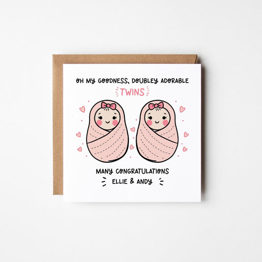 Twins Card Girls • Personalised Twin Girls Card • Congratulations Twins Card • Baby Shower Card