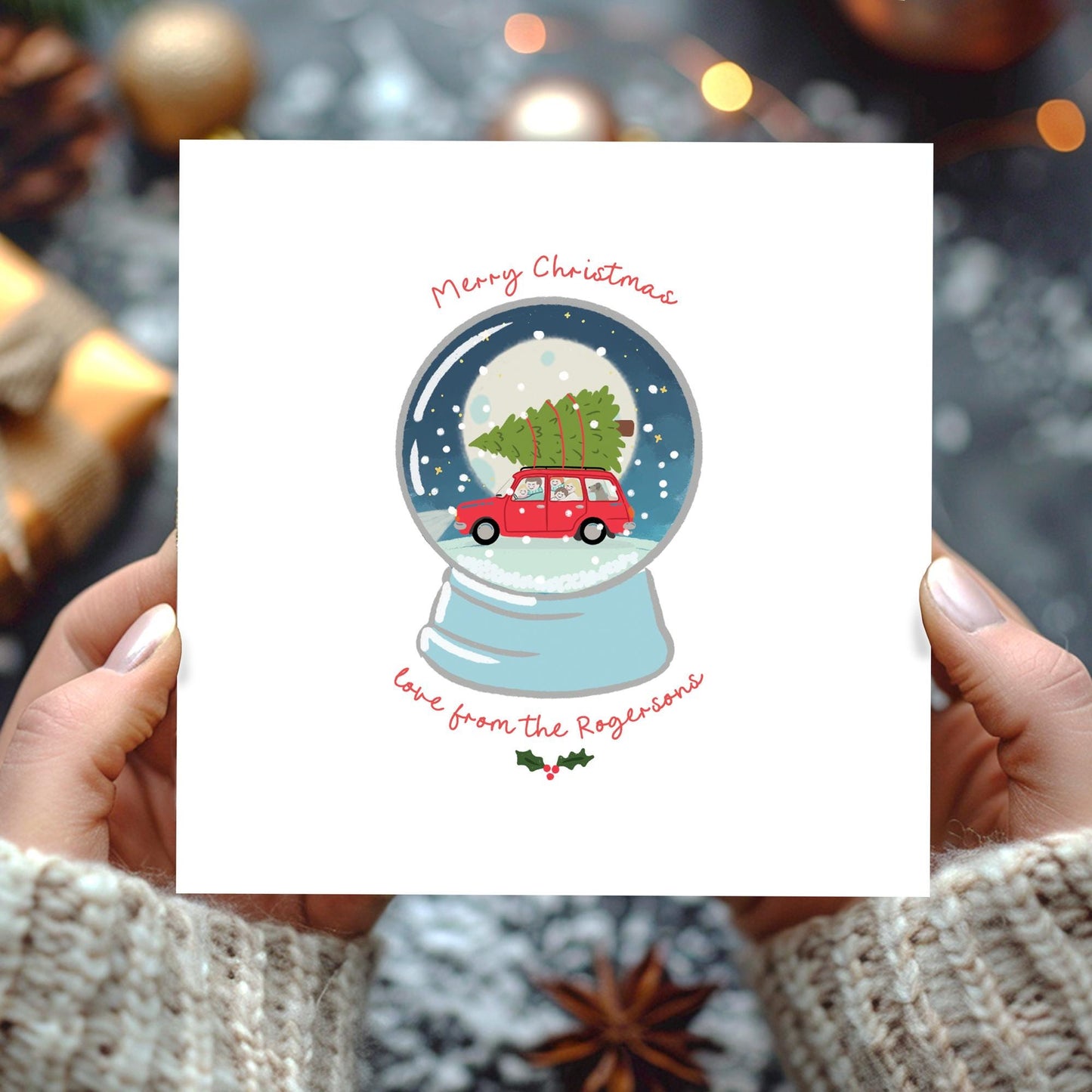 Snow Globe Christmas Cards • Night Time Christmas Tree on Car Christmas Cards • Personalised Family Christmas Cards