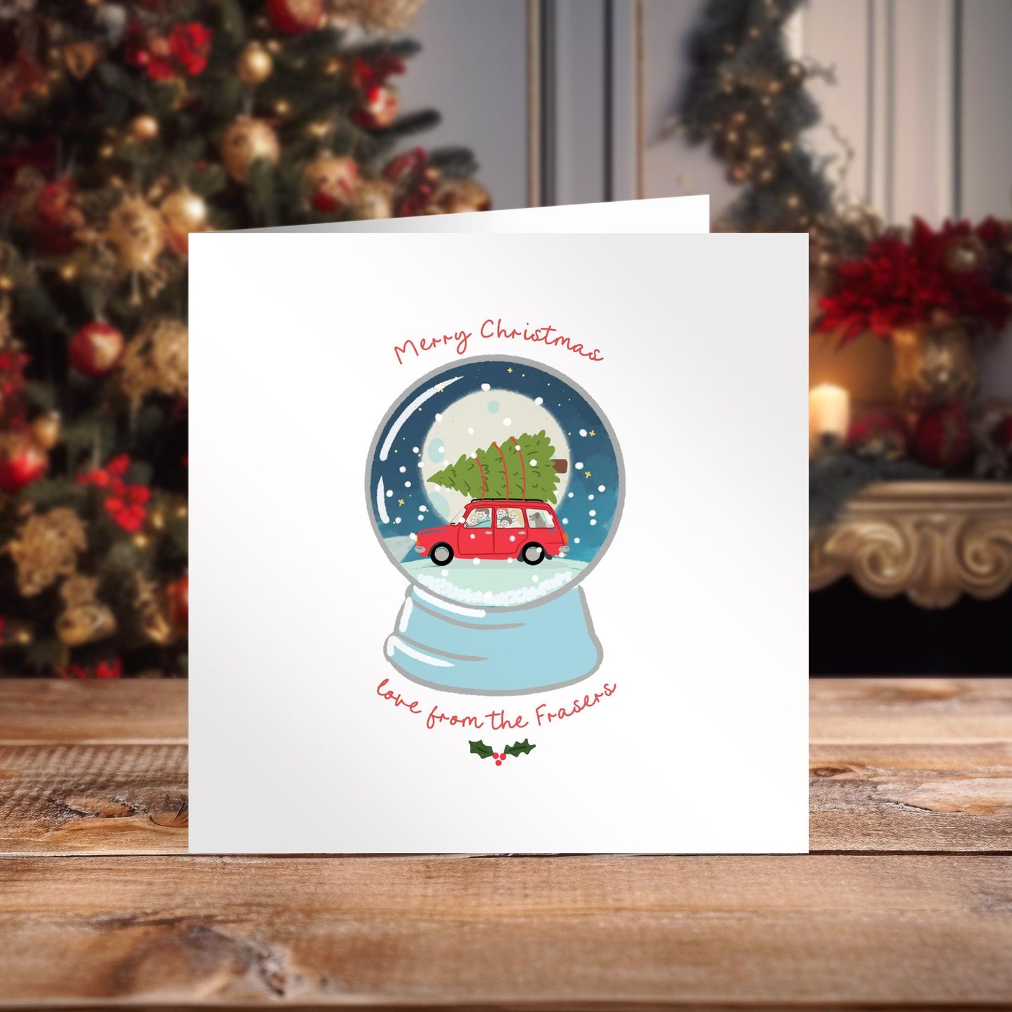 Snow Globe Christmas Cards • Night Time Christmas Tree on Car Christmas Cards • Personalised Family Christmas Cards