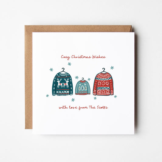 Single or Pack of New Family Christmas Cards • Cosy Jumpers Christmas Card • Personalised Family of 3 Christmas Card with Sweaters