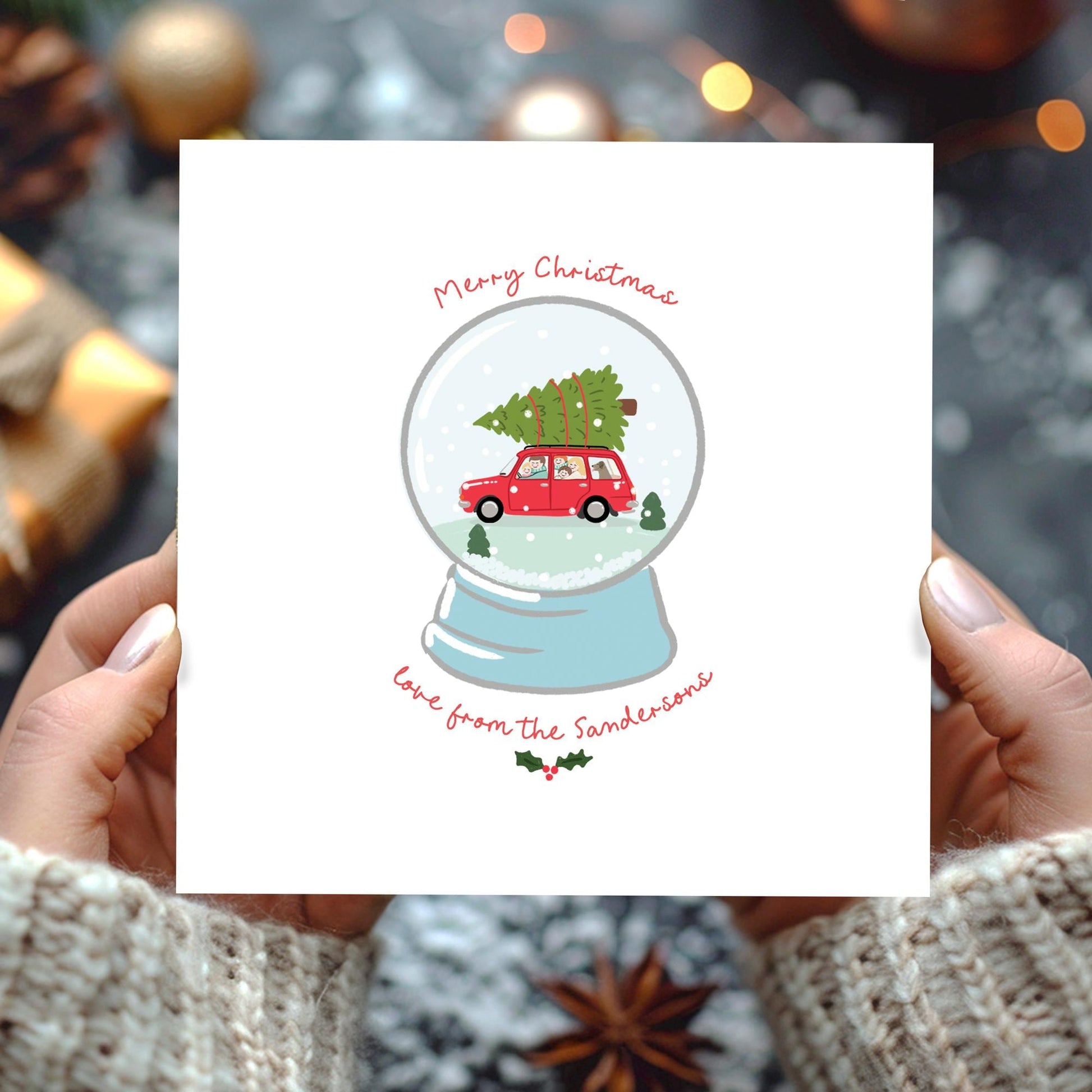 Snow Globe Christmas Cards • Christmas Tree on Car Christmas Cards • Personalised Family Christmas Cards