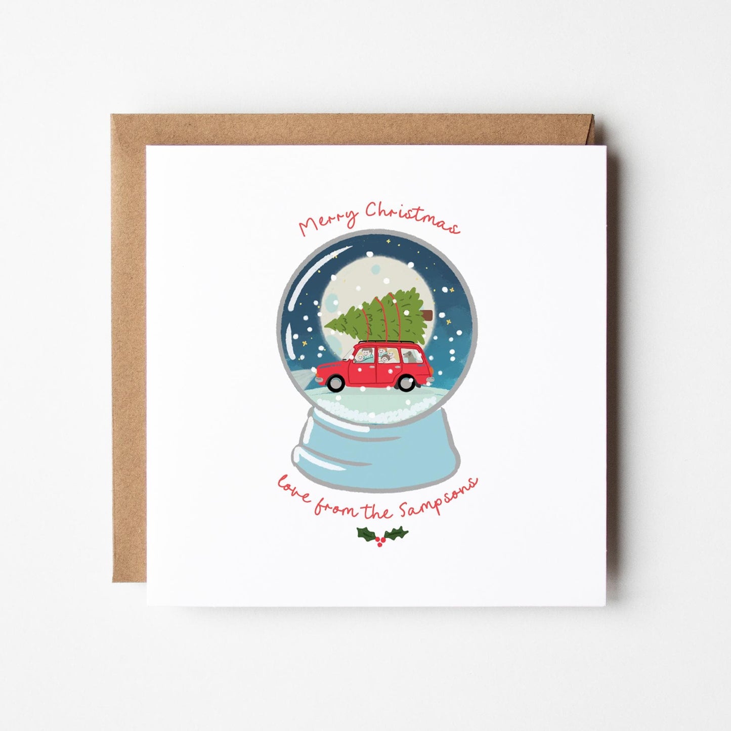 Snow Globe Christmas Cards • Night Time Christmas Tree on Car Christmas Cards • Personalised Family Christmas Cards