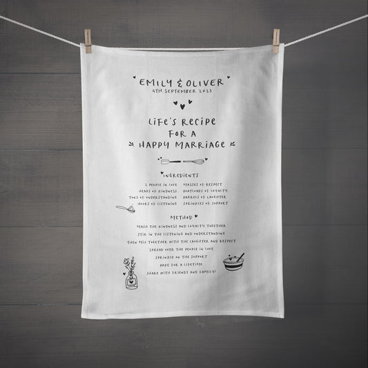 Happy Marriage Recipe Personalised Tea Towel - Wedding or Cotton Anniversary Gift