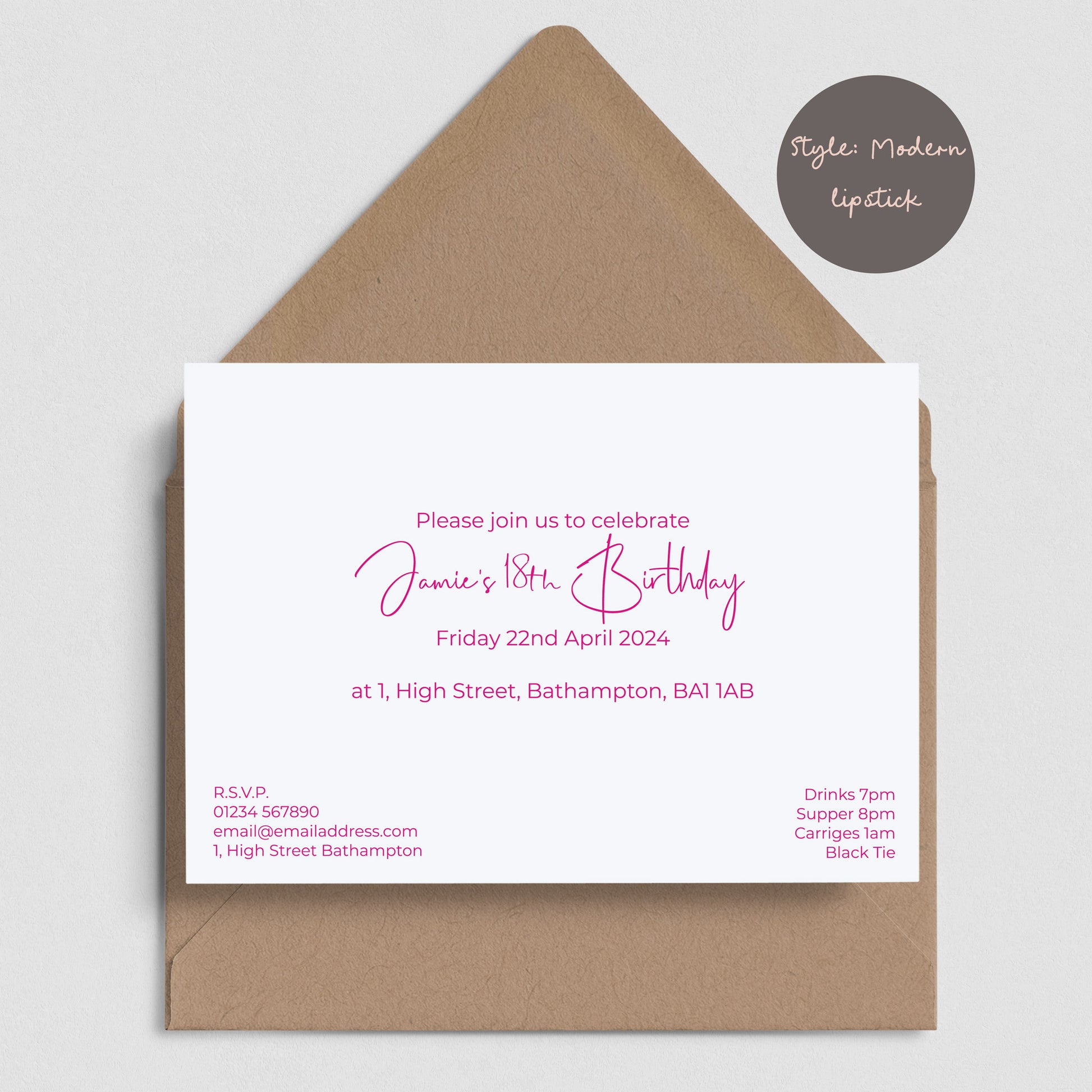 A formal invitation in a pink modern script