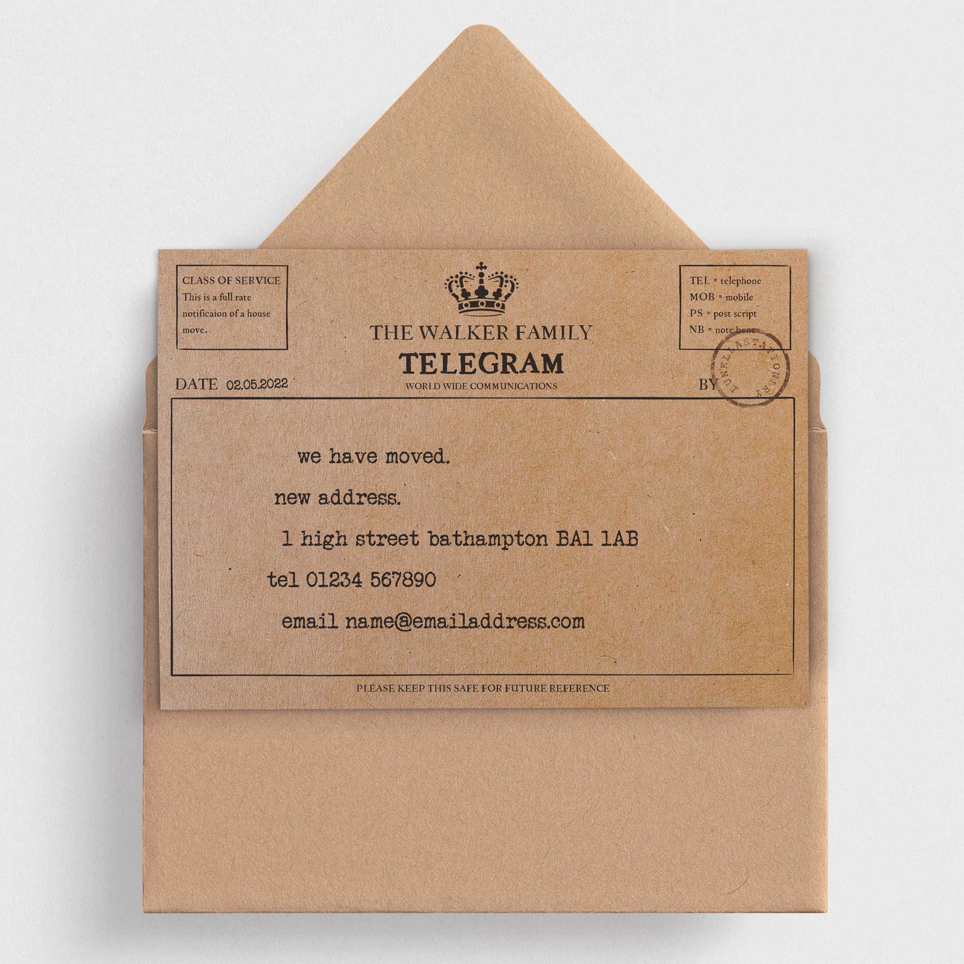 Vintage Style Change of Address Telegram - Moving Home Cards