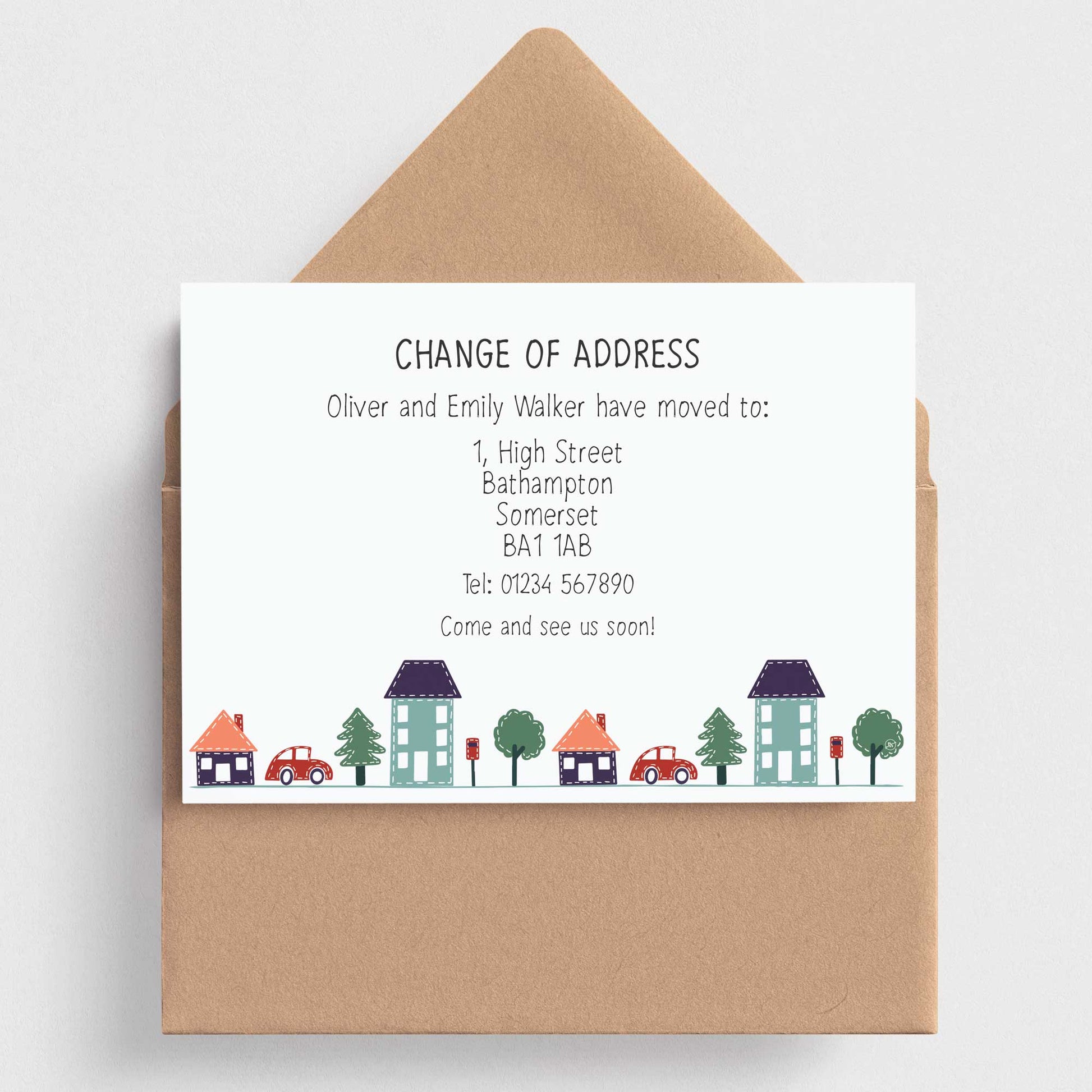 personalised change of address announcement cards, printed moving home cards with a sweet patchwork street design