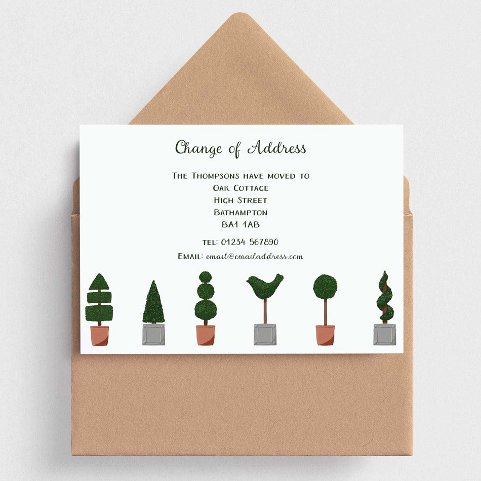 change of address announcement cards, house moving cards with topiary trees