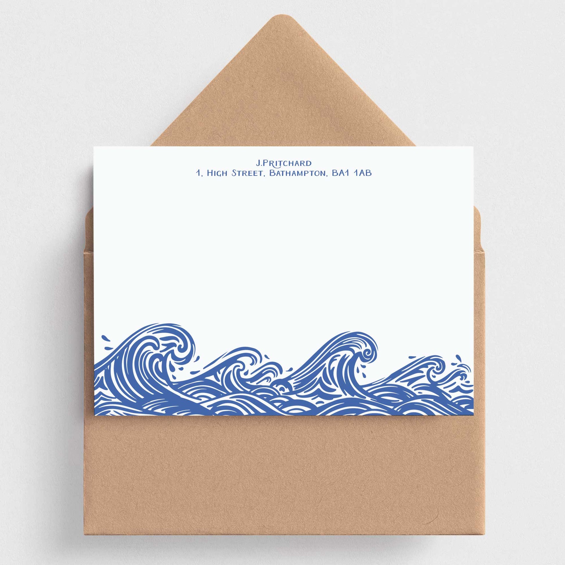 note cards with rolling ocean waves at the bottom and two lines of personalised text at the top 