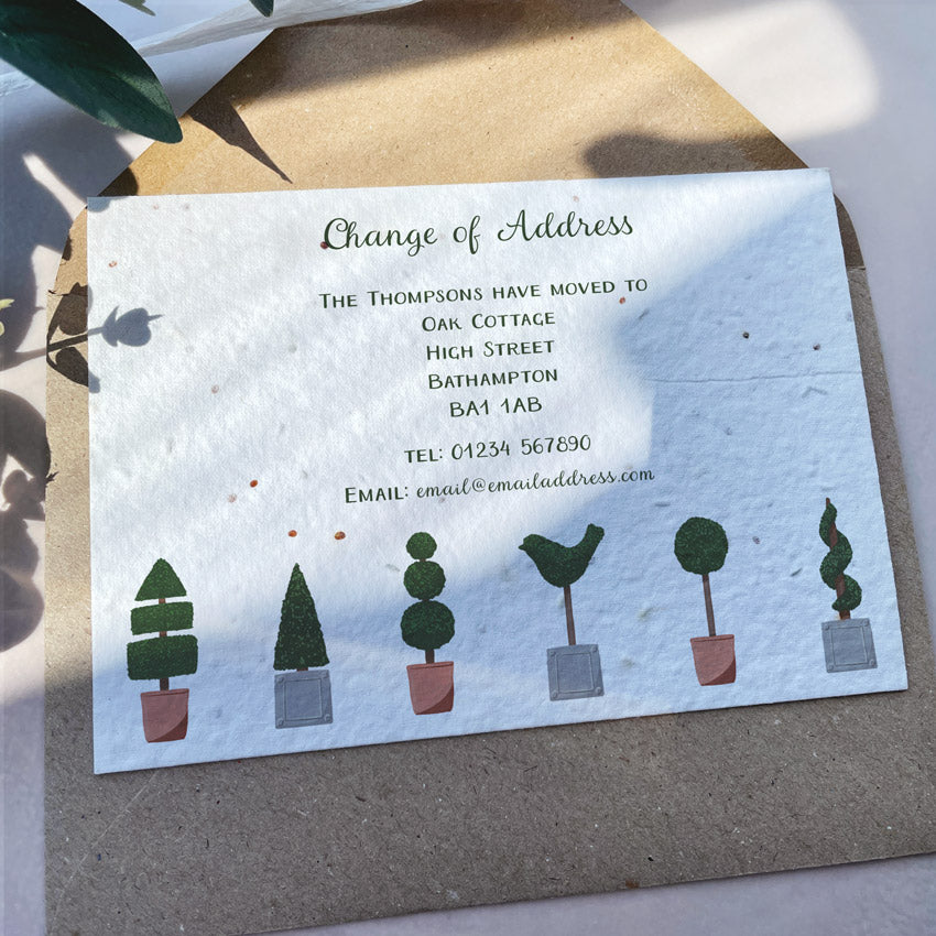 plantable change of address announcement cards, plantable seed paper moving home card