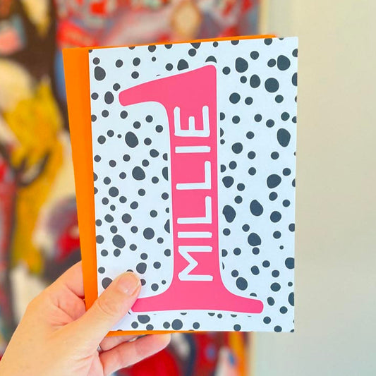 spotty personalised 1st birthday card - bright pink