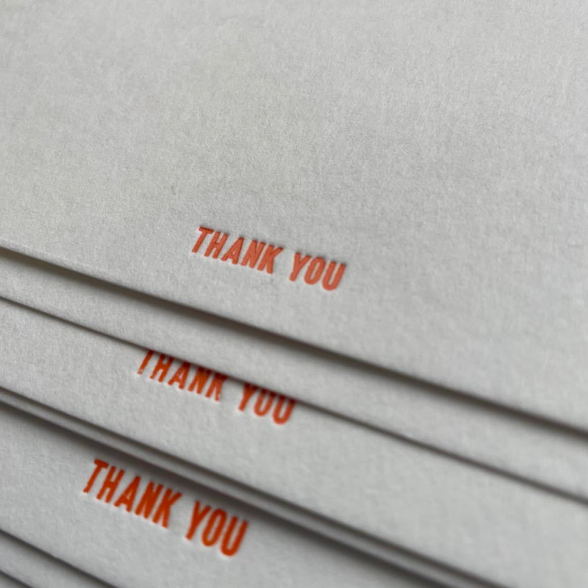 orange letterpressed thank you note cards, hand-pressed cards