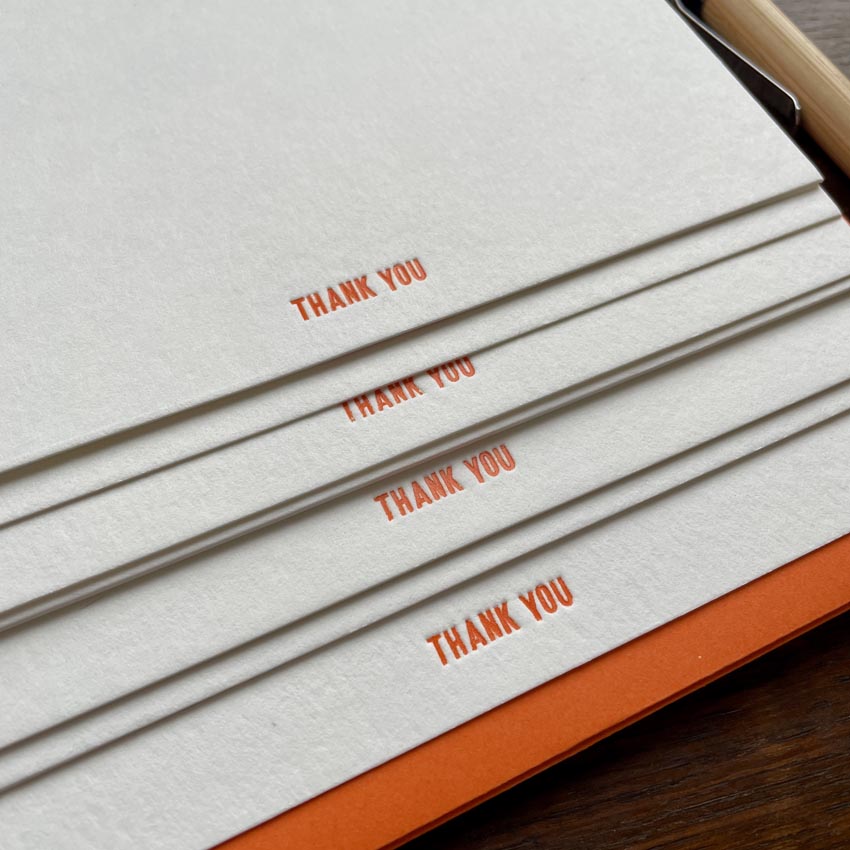 orange letterpressed thank you note cards, hand-pressed cards