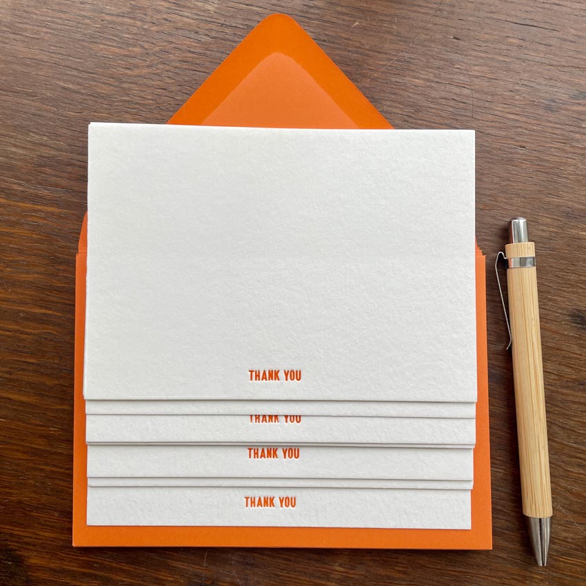 orange letterpressed thank you note cards, hand-pressed cards